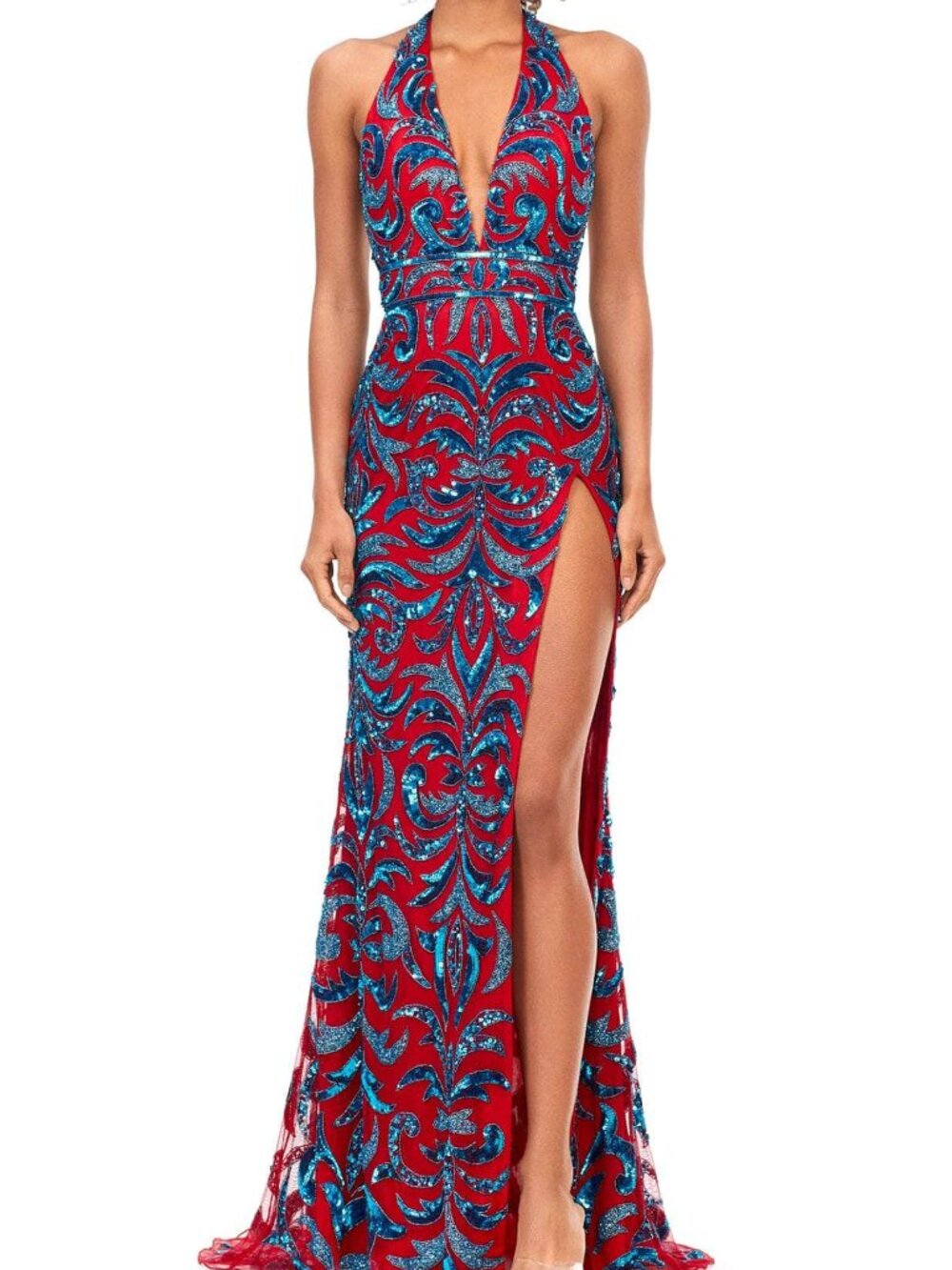 NWT Ashley Lauren 11283 Halter Prom Dress turquoise/red size 8